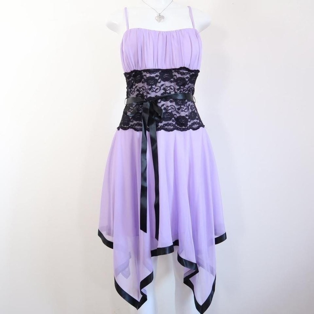 y2k lavender fairycore mini dress black lace waist